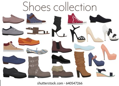 Vector trendy collection of men's and women's shoes fashion footwear.