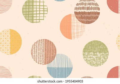 Vector trendy color seamless hand drawn pattern made with ink, pencil, brush. Geometric doodle shapes of spots, dots, strokes, stripes, lines. Template for social media, posters, prints.