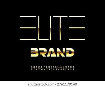 Vector Trendy concept Elite Brand. Classy Cool Gold Font for Logos Design and Digital Brand. Luxury Futuristic style Alphabet Letters and Numbers set.