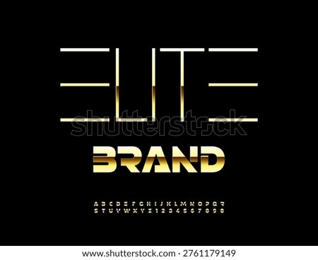 Vector Trendy concept Elite Brand. Classy Cool Gold Font for Logos Design and Digital Brand. Luxury Futuristic style Alphabet Letters and Numbers set.