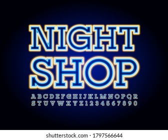 El concepto de moda vectorial Noche Shop. Fuente eléctrica neón. Letras y números de alfabetos modernos que brillan
