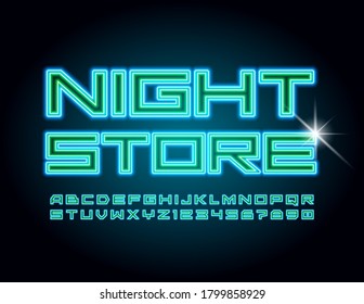 Vector trendy concept Night Store. Neon Blue and Green Font. Electric techno style Alphabet Letters and Numbers