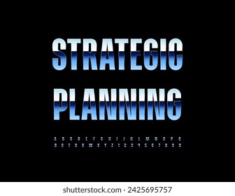 Vector trendy concept Strategic Planning. Techno Silver Font. Metallic Alphabet Letters and Numbers set