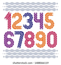 Vector trendy, cool numbers collection. Rounded bold numerals from 0 to 9 can be used in retro, disco, pop poster design. Made using flow, wavy lines.