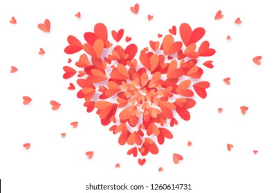 Vector trendy coral pink color heart shape filled with paper hearts confetti isolated on white background