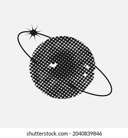 Vector Trendy cosmic Halftone Wide open eye like planet isolated on background, front view.