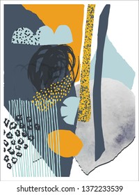 Vector trendy creative card with cut paper and different textures. Collage style. Design for poster, card, invitation, placard, brochure, flyer.