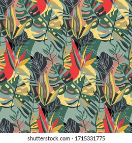 Vector trendy creative summer seamless patterns with floral exotic tropical elements, palm leaves in graphic abstract style.