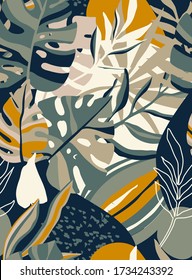 Verano creativo y moderno de moda, patrones sin fisuras con elementos tropicales exóticos florales, hojas de palma de estilo gráfico abstracto.