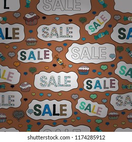 Vector. Trendy, cute poster to advertise your goods. Lettering SALE. Lettering. Seamless. Picture in white, brown and blue colors.