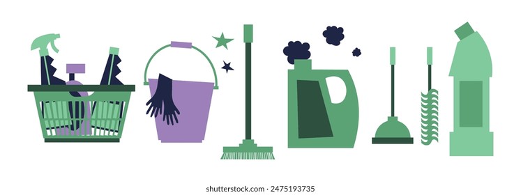 Vector trendy doodle cleaning icon set, clip art. Vacuum cleaner, protective gloves, plunger, spray bottle, squeegee, sponge, bucket, mop, brush, duster and many more. 