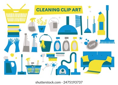 Vector trendy doodle cleaning icon set, clip art. Vacuum cleaner, protective gloves, plunger, spray bottle, squeegee, sponge, bucket, mop, brush, duster and many more.