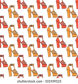 Vector trendy doodle high tick heel shoes with platform, outline sandals seamless pattern
