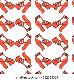 Vector trendy doodle high tick heel shoes with platform, outline sandals seamless pattern