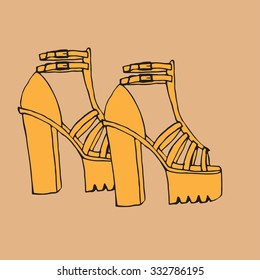 Vector trendy doodle high tick heel shoes with platform, outline sandals