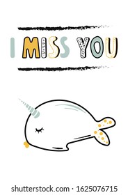 Vector trendy doodle poster with the inscription: i miss you. 