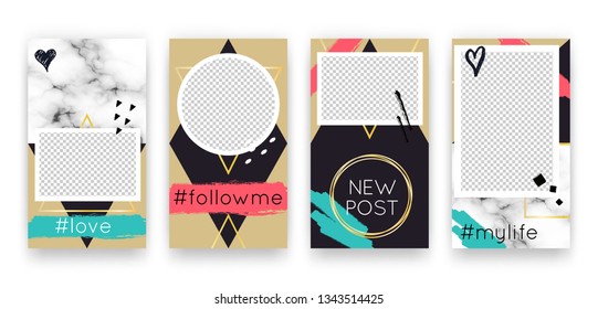 Vector trendy editable set of templates for social media networks stories. Modern design backgrounds with geometric elements for flyers, cards, posters