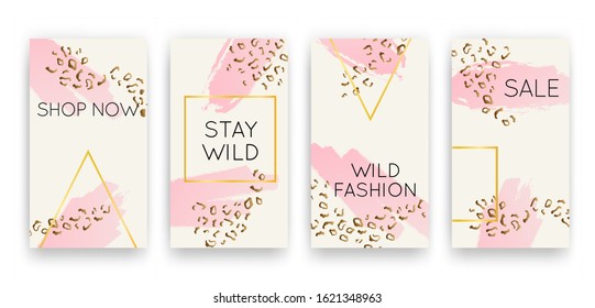 Vector trendy editable set of templates for social media networks stories. Modern luxury design backgrounds with animal pattern for flyers, cards, posters