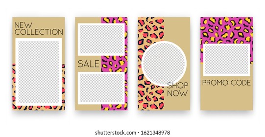 Vector trendy editable set of templates for social media networks stories. Modern design backgrounds with animal pattern for flyers, cards, posters