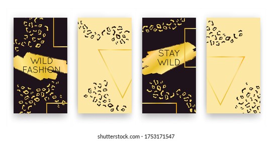 Vector trendy editable set of templates for social media networks stories. Modern luxury design backgrounds with animal pattern for flyers, cards, posters