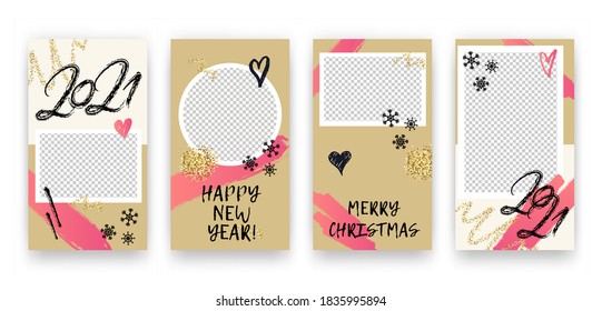 Vektorgrafik-Trendbearbeitbare Winter 2021 Neujahr, Weihnachtsschablonen für Social-Media-Netzwerk-Geschichten. Moderne Hintergründe mit geometrischen Elementen, Schneeflocken, Glitter für Flyer, Karten, Plakate