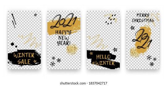 Vector de moda editable invierno 2021 Año Nuevo, juego de plantillas de Navidad para historias de redes sociales. Antecedentes modernos con elementos geométricos, copos de nieve, brillo para volantes, tarjetas, carteles