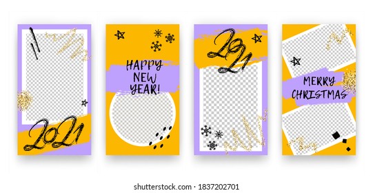 Vector trendy editable winter 2021 New Year, Christmas set of templates for social media network stories. Modern backgrounds with geometric elements, snowflakes, glitter for flyers, cards, posters