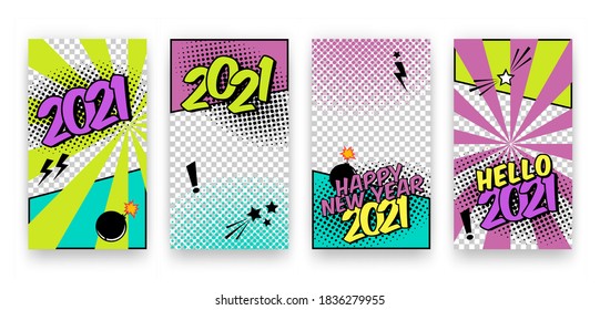 Vector trendy editable winter Happy 2021 New Year and Christmas set of templates for social media network stories in pop art comics style. Modern backgrounds with speech bubbles and halftone dots