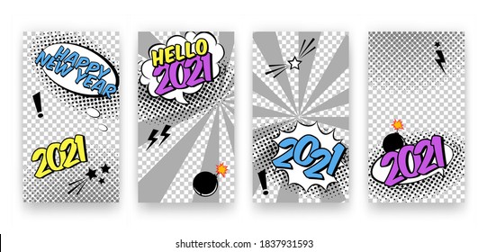 Invierno de moda y editable de moda Feliz Año Nuevo 2021 y juego de plantillas de Navidad para historias de redes sociales al estilo de comics de arte pop. Antecedentes modernos con burbujas de habla y puntos de semitono