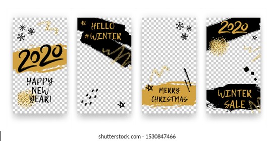 Vector trendy editable winter set of templates for social media network stories. Modern design backgrounds with geometric elements, snowflakes, golden glitter for flyers, cards, posters