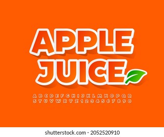 Vector trendy Emblem Apple Juice with Decorative Leaf. Bright sticker Font. Orange Alphabet Letters and Numbers set