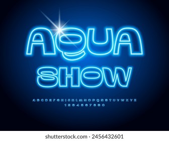 Vector de moda Emblem Aqua Show. Fuente de neón moderna. Conjunto de letras y números de alfabeto azul brillante.