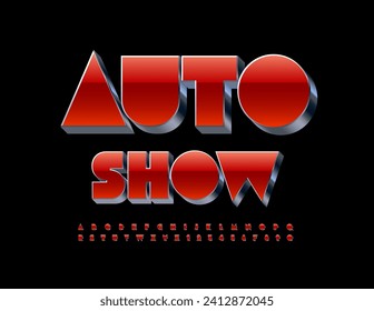 Espectáculo de moda vectorial Auto Show. Tipo de letra único rojo y metálico. Letras y números modernos y luminosos.