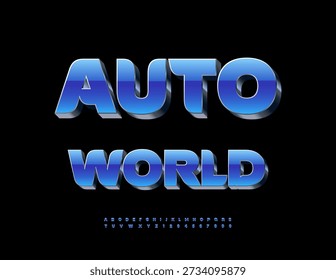 Vektor Trendy Emblem Auto World. 3D-Schriftart in Großbuchstaben. Blaue und metallische Buchstaben und Zahlen et.