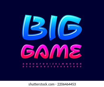 Vector Trendy Emblem Big Game. Glossy Creative Font. Modern Alphabet Letters And Numbers