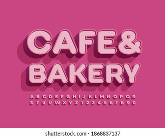 Vector trendy emblem Cafe and Bakery. Pink 3D Font. Stylish Alphabet Letters and Numbers set