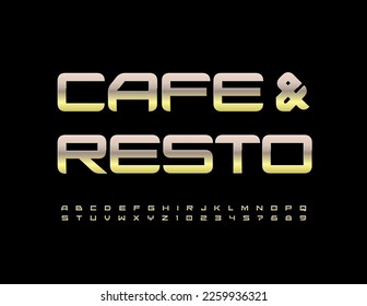 Vector trendy Emblem Cafe and Resto. Stylish Golden Font. Artistic Alphabet Letters and Numbers set