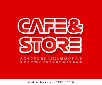 Vector trendy emblem Cafe and Store. Bright Red Font. Abstract Alphabet Letters and Numbers set