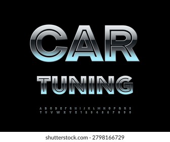 Vector Trendy emblem Car Tuning. Cool Metallic Font. Glossy set of Unique Alphabet Letters and Numbers.