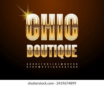 Vector trendy Emblem Chic Boutique. Stylish Gold Font. Modern Exclusive Alphabet Letters and Numbers set.
