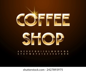 Vector trendy emblem Coffee Shop. Premium Gold Font. Stylish Alphabet Letters and Numbers.