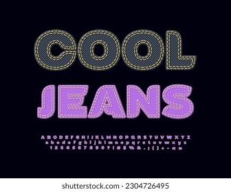 Emblema vectorial de moda Cool Jeans. Vaqueros violetas Font. Conjunto creativo de letras, números y símbolos de denim con textura