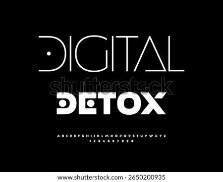 Vector Trendy emblem Digital Detox. Futuristic White Font. Typography Minimal Alphabet Letters and Numbers set.