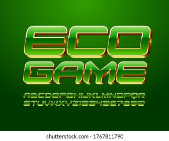Vector trendy emblem Eco Game with Gold and Green Alphabet Letters and Numbers. Shiny elite Font