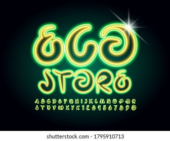 Vector trendy emblem Eco Store. Glowing handwritten Font. Neon creative Alphabet Letters and Numbers