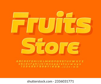 Vector trendy Emblem Fruits Store. Orange sticker Font. Stylish Alphabet Letters and Numbers set