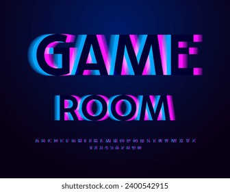 Vector trendy emblem Game Room with glitch glowing Font. Techno style set of Alphabet Letters and Numbers