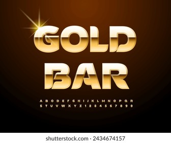 Vector trendy Emblem Gold Bar. Stylish Gold Font. Shiny elite Alphabet Letters and Numbers