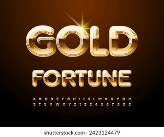 Vector trendy emblem Gold Fortune. Modern Elite Alphabet Letters and Numbers. Premium Font.