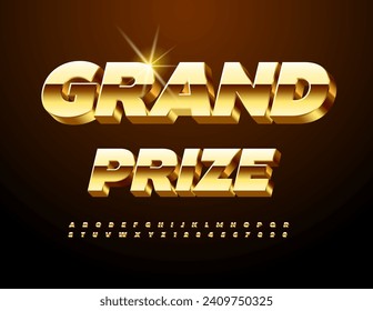 Vector trendy Emblem Grand Prize. Chic Modern Font. Cool Gold 3D Alphabet Letters and Numbers set.